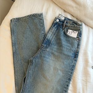Reformation high rise light wash super long jeans
